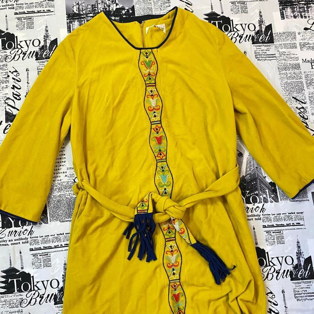 Yellow maxi kaftan embroidered dress belt vintage 60s psychedelic hippy boho mod